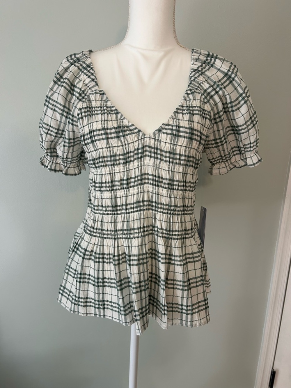 Market & Spruce White and Green Plaid Smocked V-Neck Peplum Top